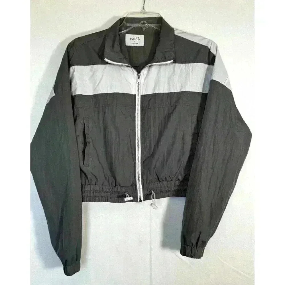 Rue21 Women Lightweight Zip‎ Up Windbreaker Crop Jacket Size L Gray and White